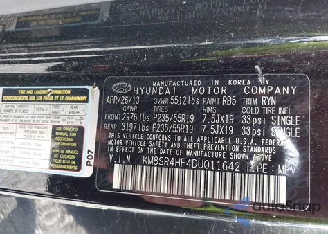 2013 Hyundai Santa Fe Limited z USA, uszkodzony, nr VIN KM8SR4HF4DU011642